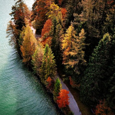 Das Hotel Karlwirt: herzlich willkommen! Herbstlicher Waldweg am Ufer eines türkisfarbenen Sees