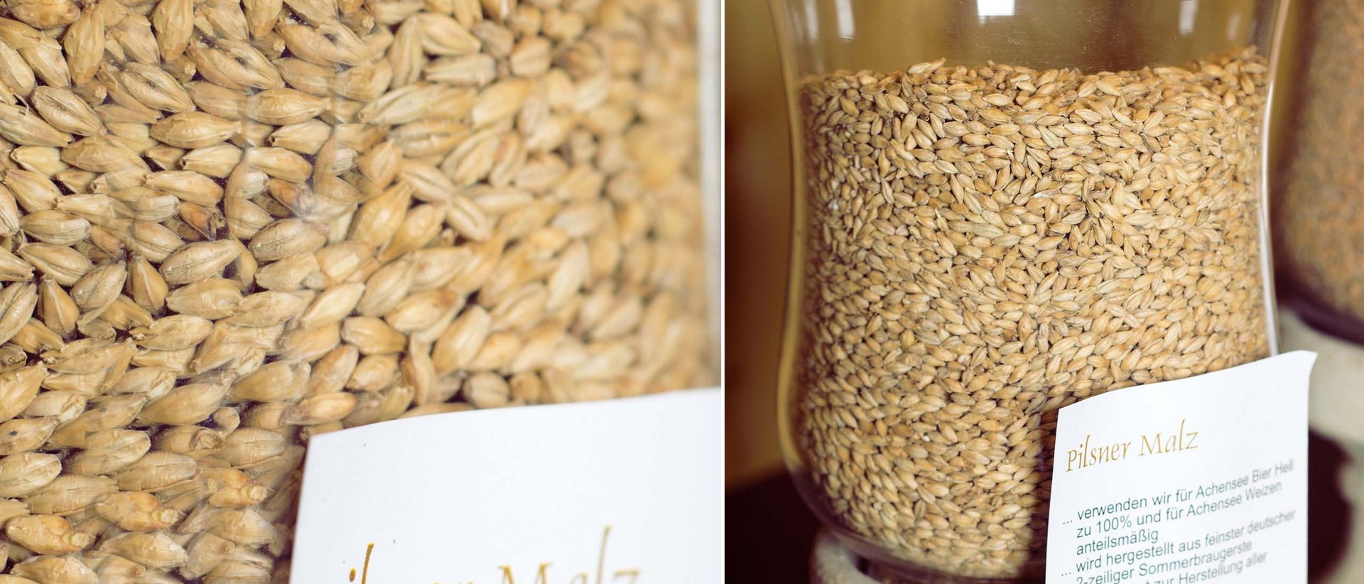 Bier und Speck – eine perfekte Kombination Glas mit Pilsner Malz und Beschreibungsschild im Hintergrund